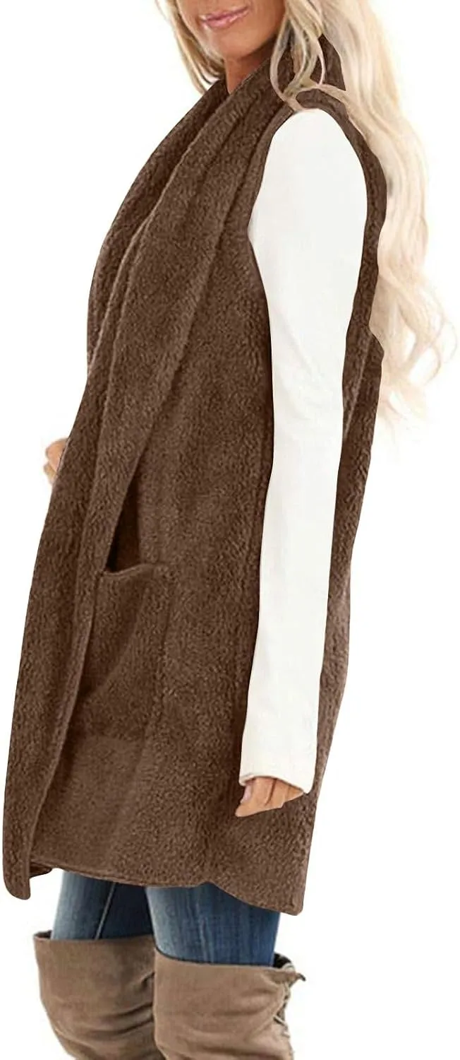 Winter Coats for Women 2024 Casual Sleeveless Sherpa Vest with Pockets Open Front Fleece Long Cardigan Fuzzy Jacket