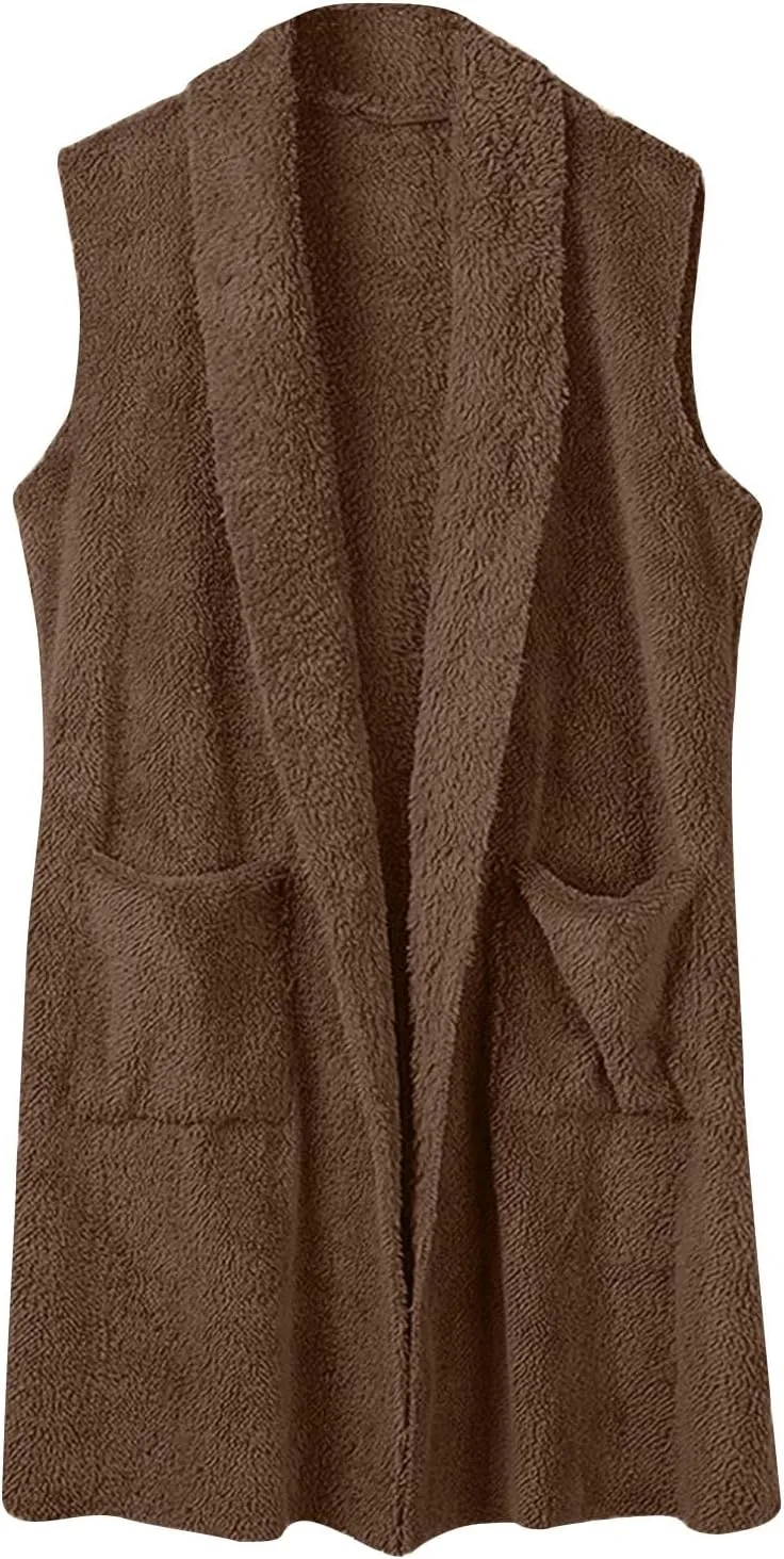 Winter Coats for Women 2024 Casual Sleeveless Sherpa Vest with Pockets Open Front Fleece Long Cardigan Fuzzy Jacket