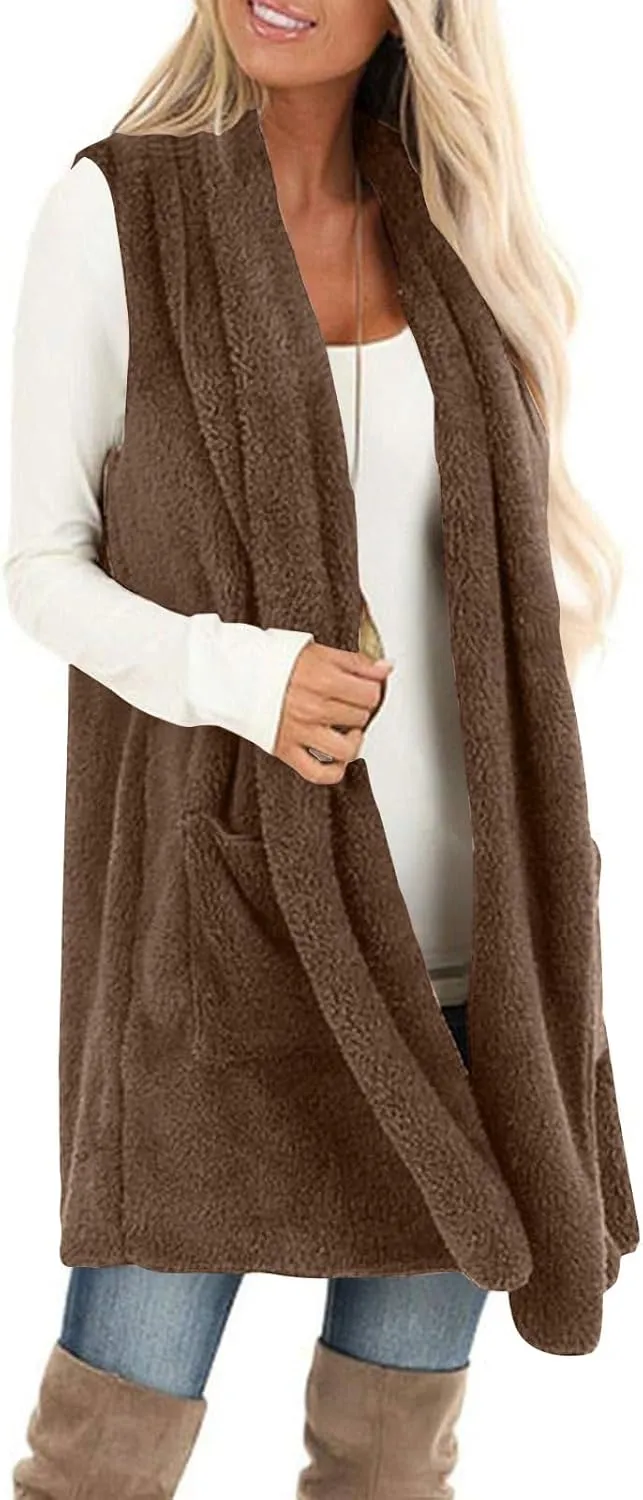 Winter Coats for Women 2024 Casual Sleeveless Sherpa Vest with Pockets Open Front Fleece Long Cardigan Fuzzy Jacket