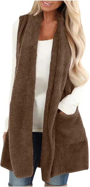 Winter Coats for Women 2024 Casual Sleeveless Sherpa Vest with Pockets Open Front Fleece Long Cardigan Fuzzy Jacket
