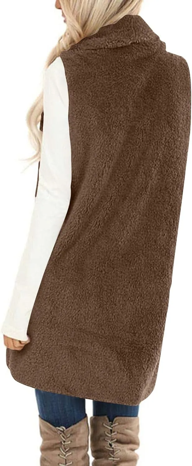 Winter Coats for Women 2024 Casual Sleeveless Sherpa Vest with Pockets Open Front Fleece Long Cardigan Fuzzy Jacket