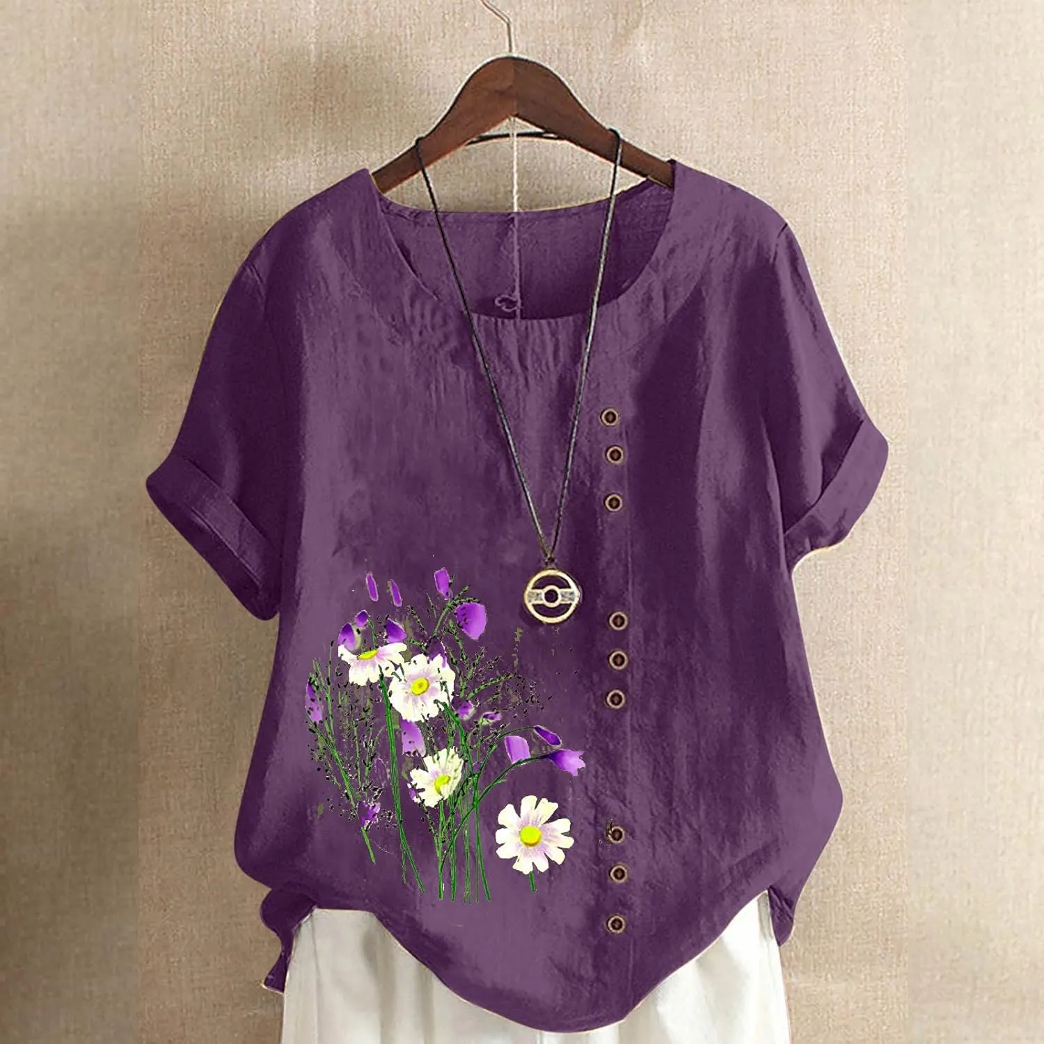 Women Floral Print Linen Shirts Short Sleeve Gauze Tops Loose Fit Cotton Blouses Trendy 2024 Clothing
