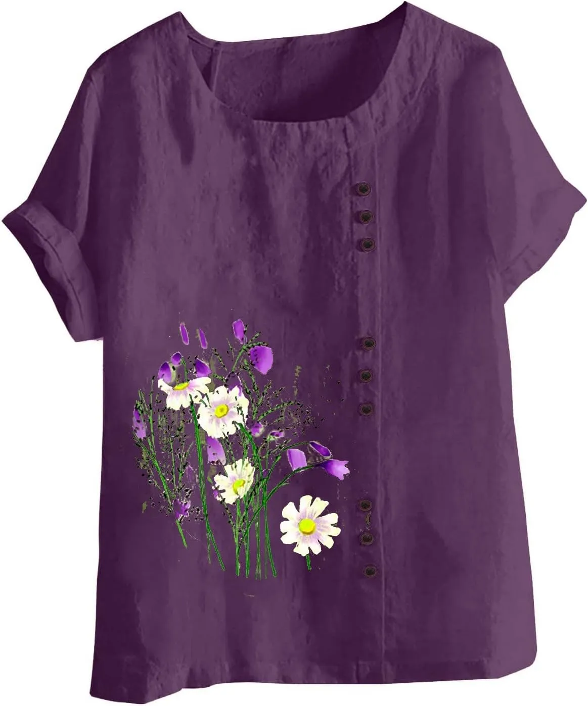 Women Floral Print Linen Shirts Short Sleeve Gauze Tops Loose Fit Cotton Blouses Trendy 2024 Clothing