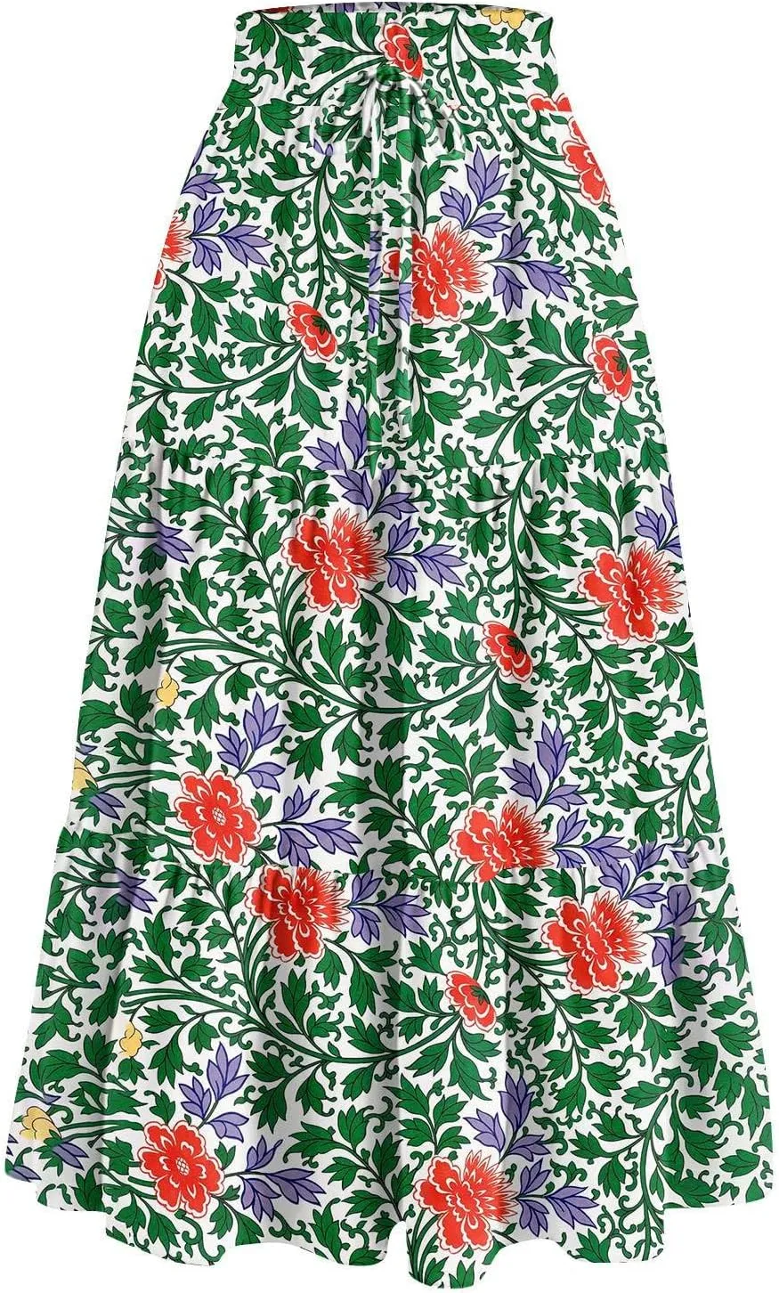 Women's 2025 Bohemian Long Skirts Flowy High Waist A Line Elegant Maxi Skirts for Women Summer Pleated Midi Skirts