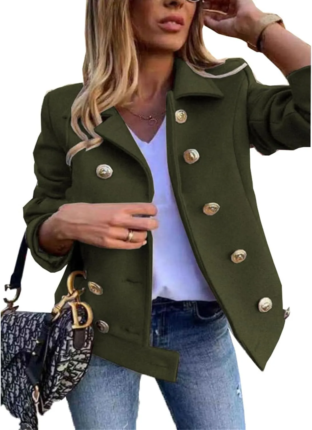 Womens Blazer Stand Collar Woolen Jacket Fall Long Sleeve Casual Slim Vintage Double Breasted Cardigan Short Coat