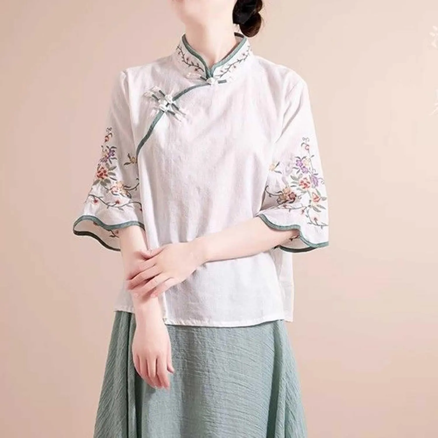 Women's Chinese Traditional Suit Blouse Floral Embroidery Mandarin Collar Frog Button Elegant Vintage Half Sleeve Tops
