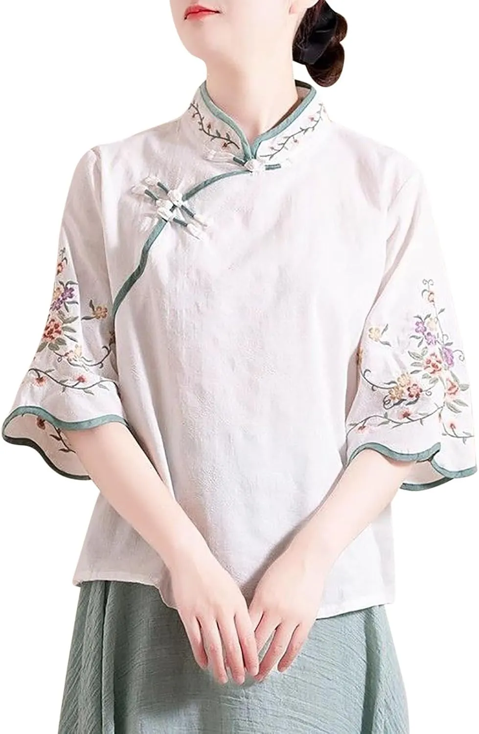 Women's Chinese Traditional Suit Blouse Floral Embroidery Mandarin Collar Frog Button Elegant Vintage Half Sleeve Tops