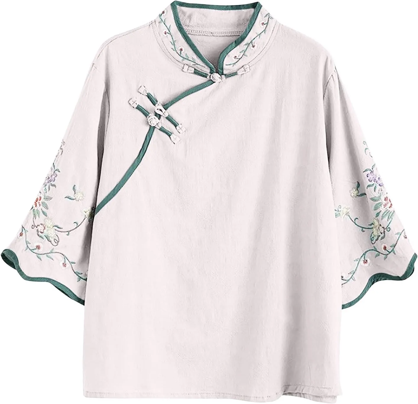 Women's Chinese Traditional Suit Blouse Floral Embroidery Mandarin Collar Frog Button Elegant Vintage Half Sleeve Tops