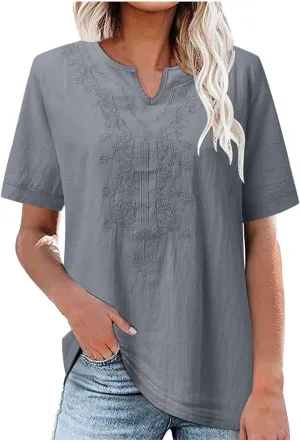 Women's Embroidered Blouse Cotton Linen Short Sleeve Peasant Boho Tunic Tops Casual Notch V Neck Loose Fit T-Shirts