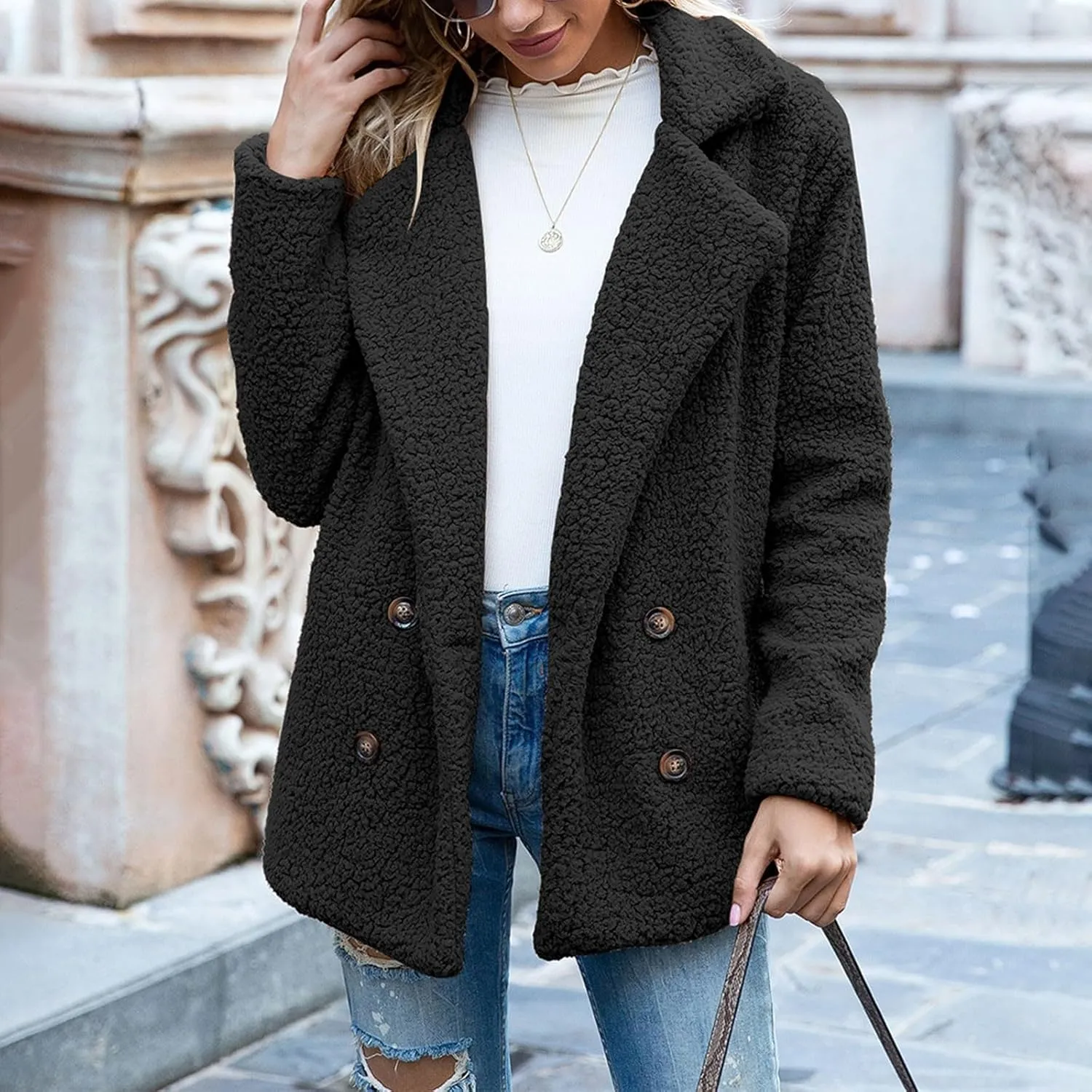 Womens Fleece Jacket 2024 Winter Lapel Button Down Coats Casual Oversized Trendy Teddy Bear Jacket Fluffy Outerwear