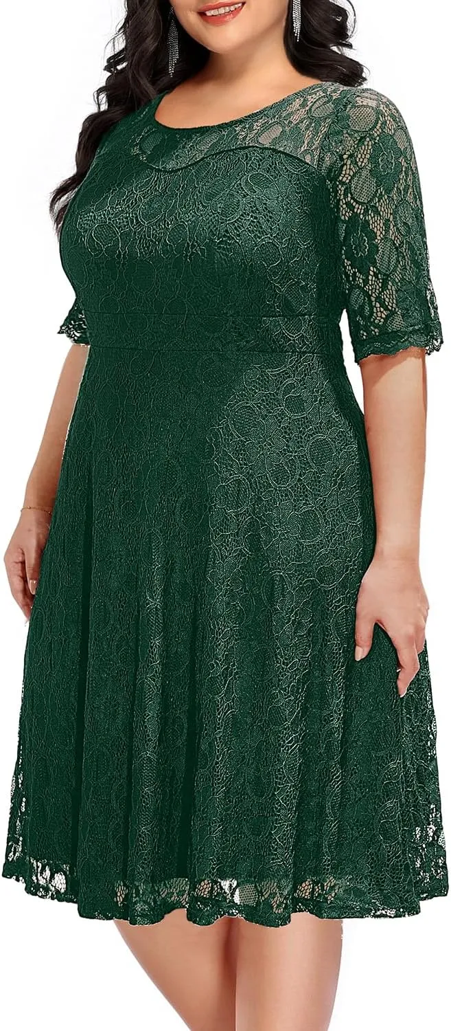 Women's Plus Size Wedding Guest Bridal Shower Semi Formal Cocktail Party Lace V Neck Midi Dress