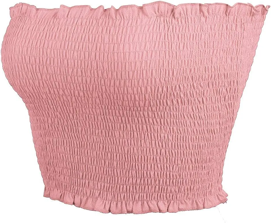 Womens Summer Casual Strapless Pleated Print Bandeau Tube Crop Tops
