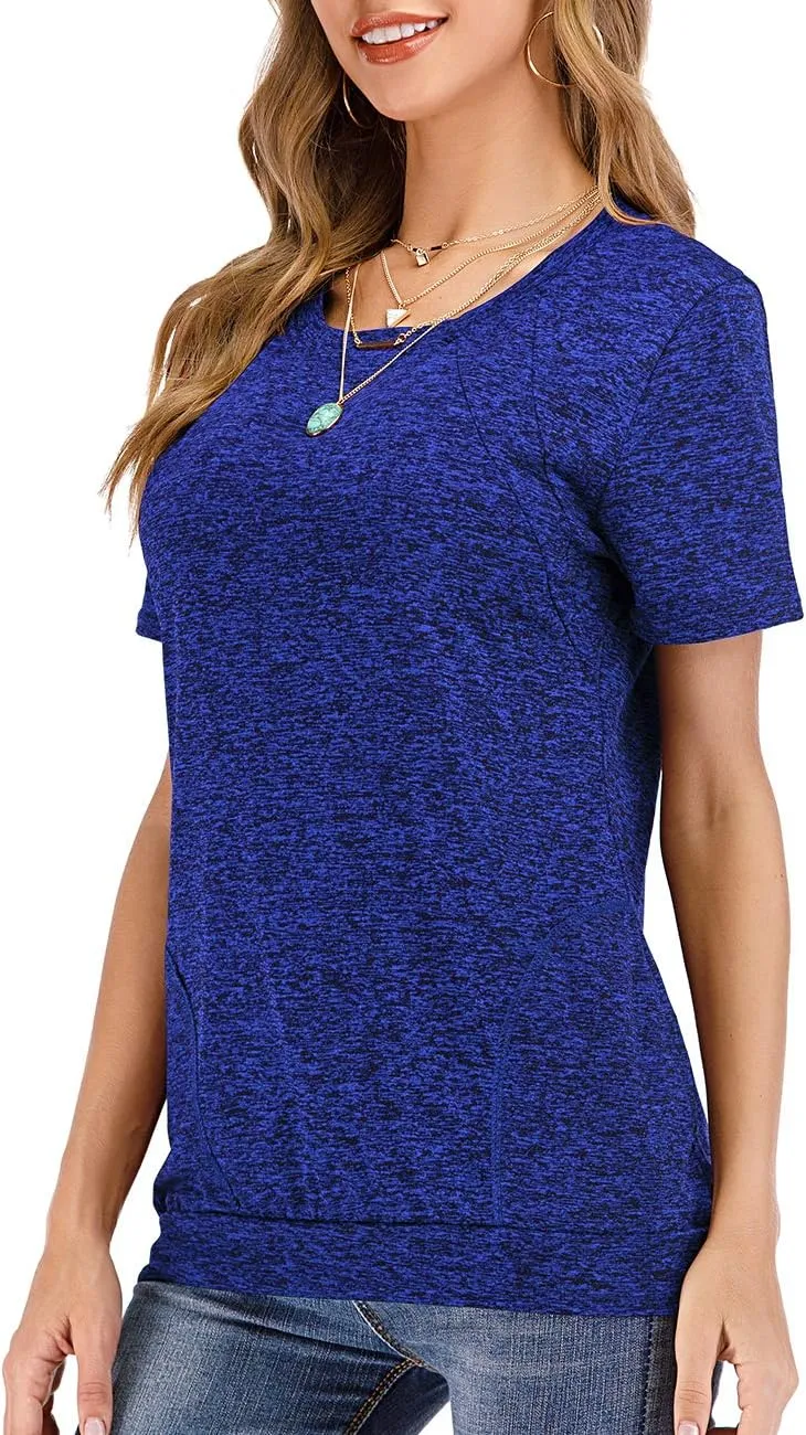 Womens Summer Short Sleeve Round Neck Quick Dry Cool Tunic Tops Loose Gym Workout T-Shirt with Pockets