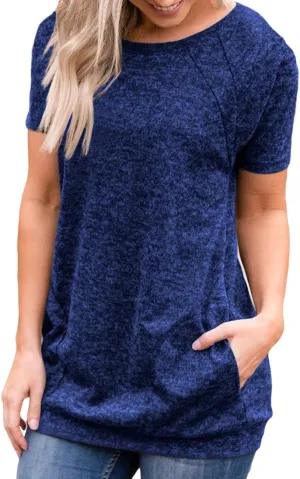 Womens Summer Short Sleeve Round Neck Quick Dry Cool Tunic Tops Loose Gym Workout T-Shirt with Pockets