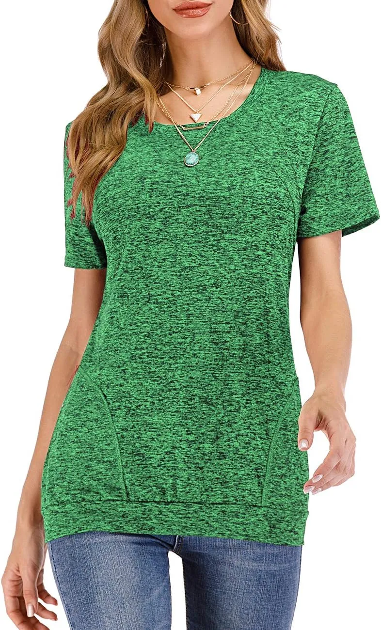 Womens Summer Short Sleeve Round Neck Quick Dry Cool Tunic Tops Loose Gym Workout T-Shirt with Pockets
