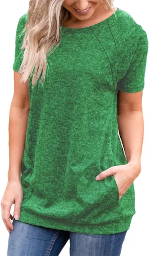 Womens Summer Short Sleeve Round Neck Quick Dry Cool Tunic Tops Loose Gym Workout T-Shirt with Pockets