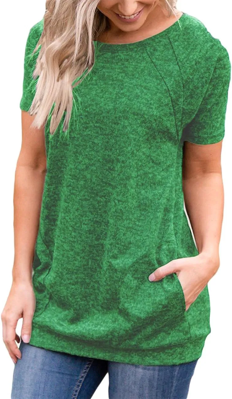 Womens Summer Short Sleeve Round Neck Quick Dry Cool Tunic Tops Loose Gym Workout T-Shirt with Pockets