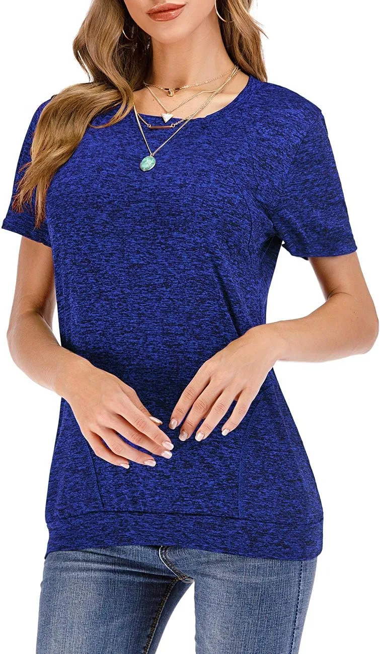 Womens Summer Short Sleeve Round Neck Quick Dry Cool Tunic Tops Loose Gym Workout T-Shirt with Pockets