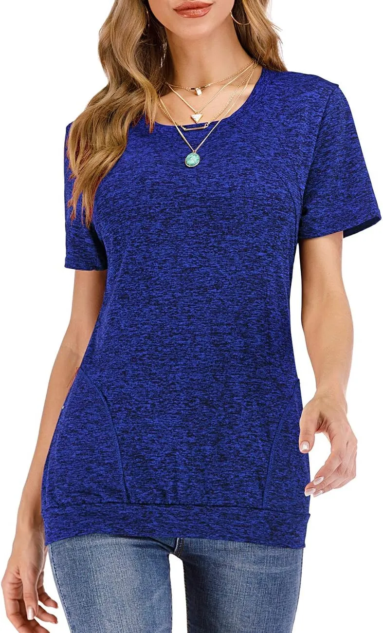 Womens Summer Short Sleeve Round Neck Quick Dry Cool Tunic Tops Loose Gym Workout T-Shirt with Pockets