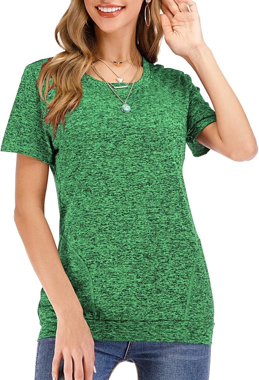 Womens Summer Short Sleeve Round Neck Quick Dry Cool Tunic Tops Loose Gym Workout T-Shirt with Pockets