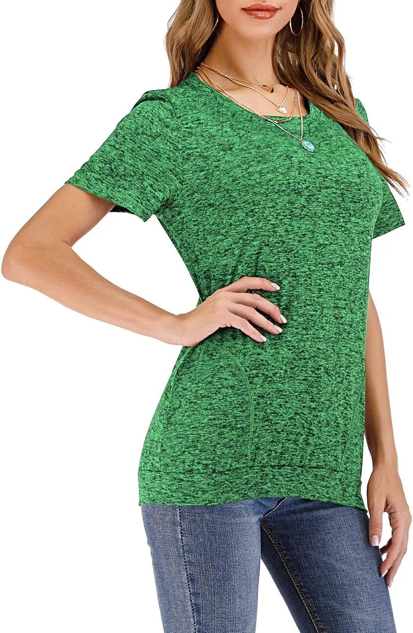 Womens Summer Short Sleeve Round Neck Quick Dry Cool Tunic Tops Loose Gym Workout T-Shirt with Pockets