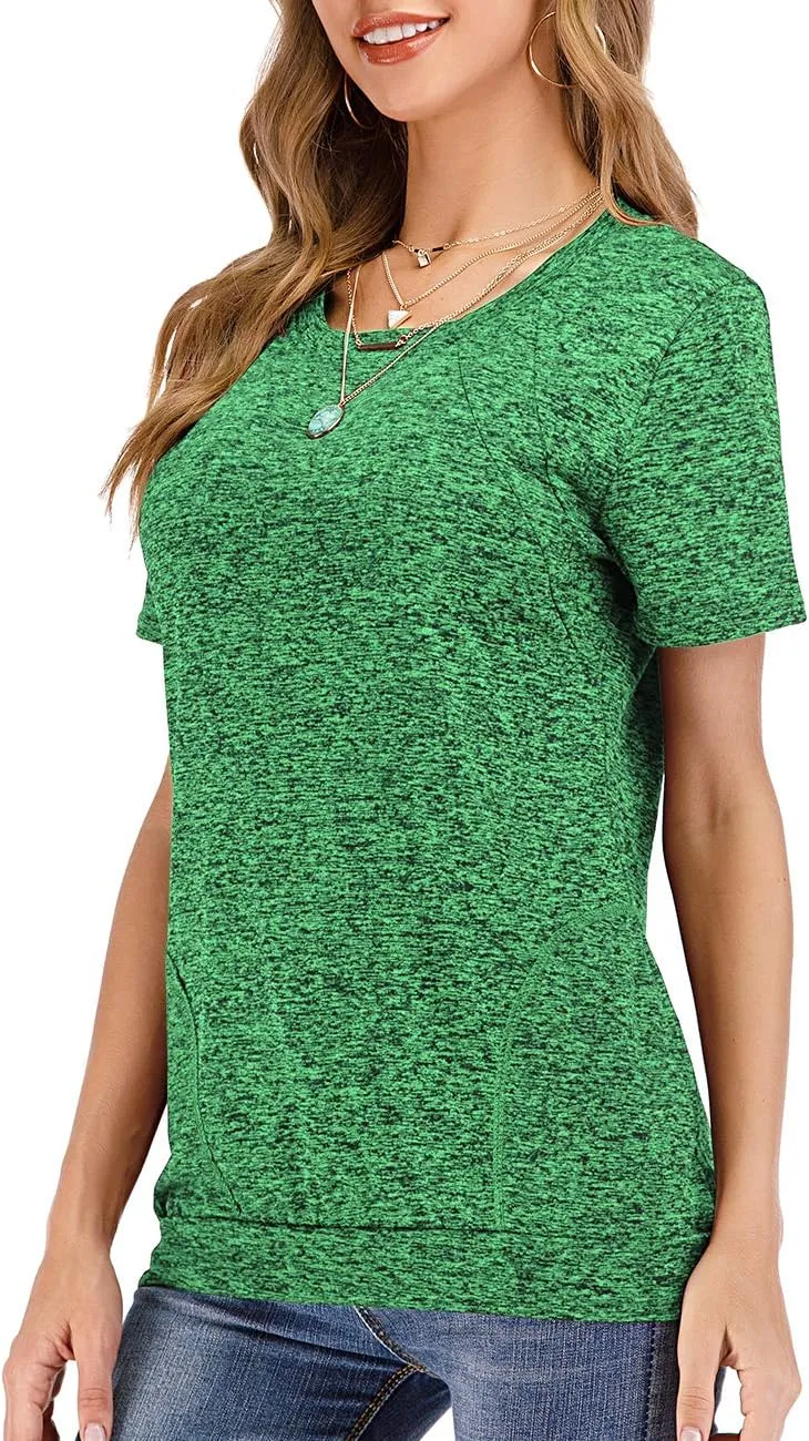 Womens Summer Short Sleeve Round Neck Quick Dry Cool Tunic Tops Loose Gym Workout T-Shirt with Pockets