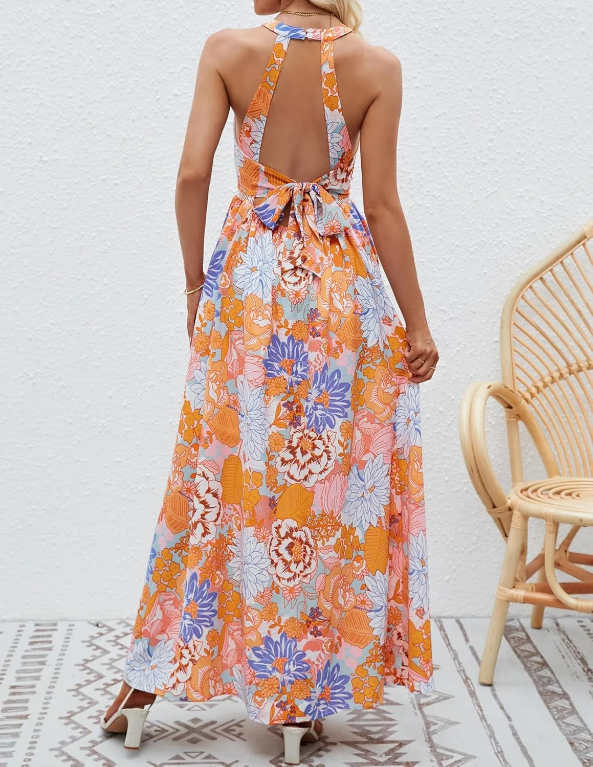 ZESICA Women's Summer Halter Neck Floral Print Backless Split Beach Party Maxi Dress
