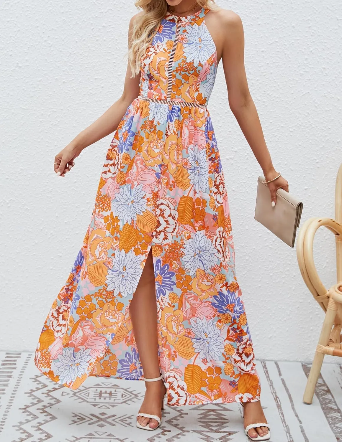 ZESICA Women's Summer Halter Neck Floral Print Backless Split Beach Party Maxi Dress