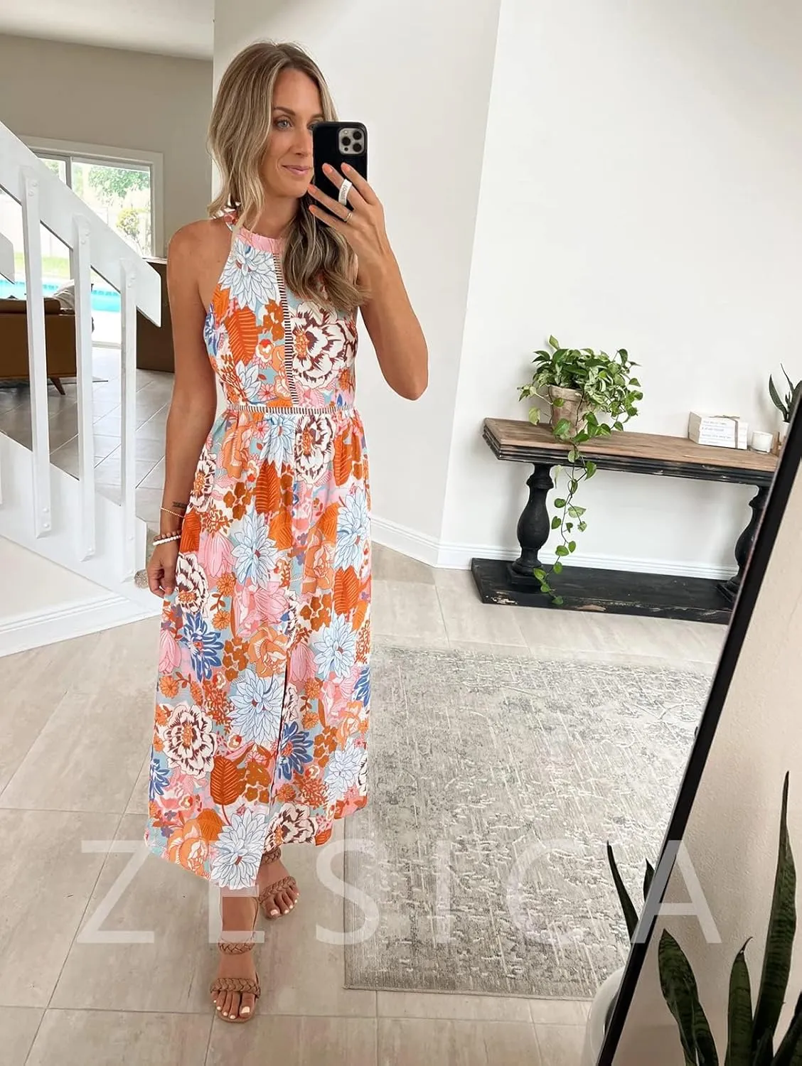 ZESICA Women's Summer Halter Neck Floral Print Backless Split Beach Party Maxi Dress