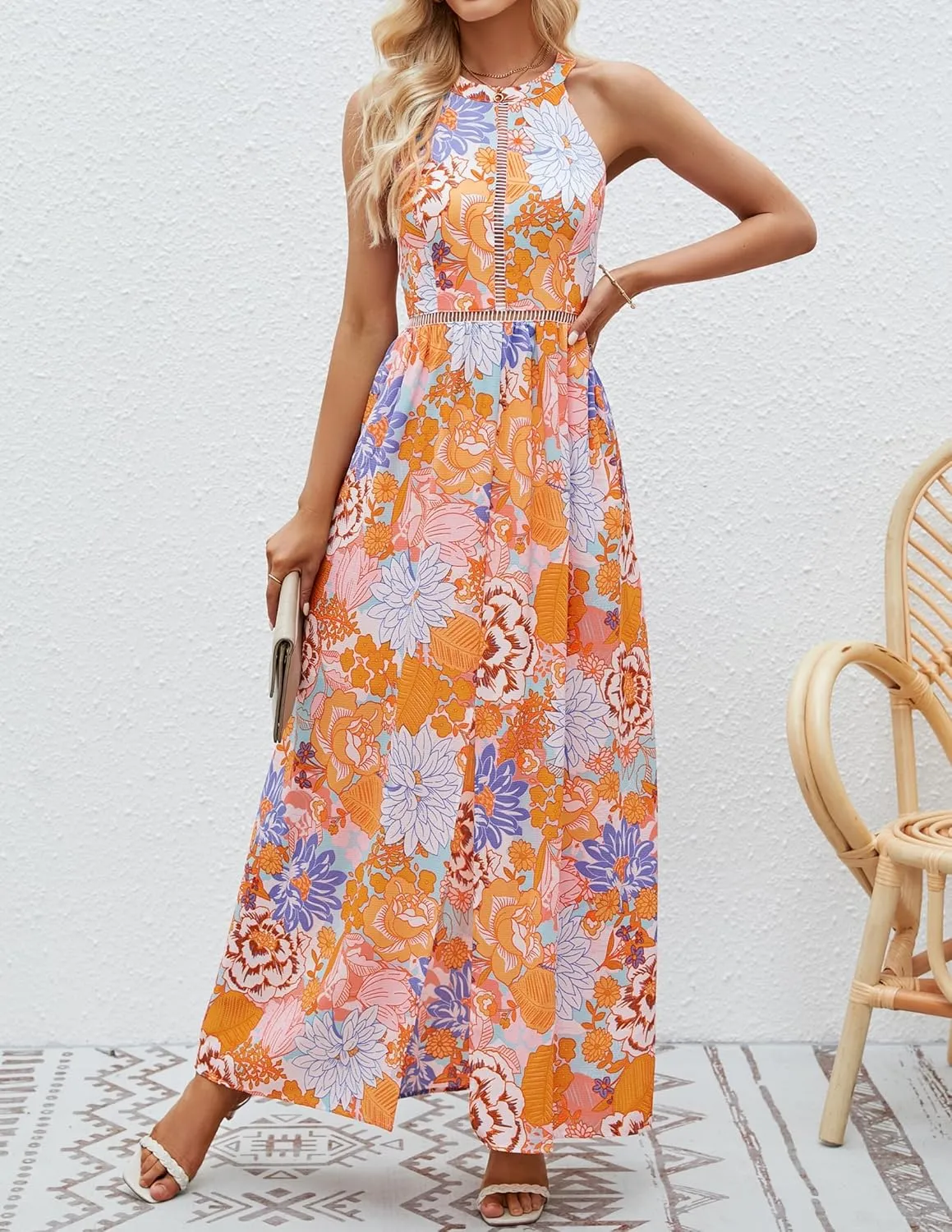 ZESICA Women's Summer Halter Neck Floral Print Backless Split Beach Party Maxi Dress