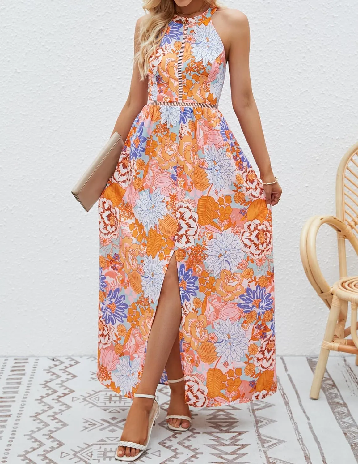 ZESICA Women's Summer Halter Neck Floral Print Backless Split Beach Party Maxi Dress
