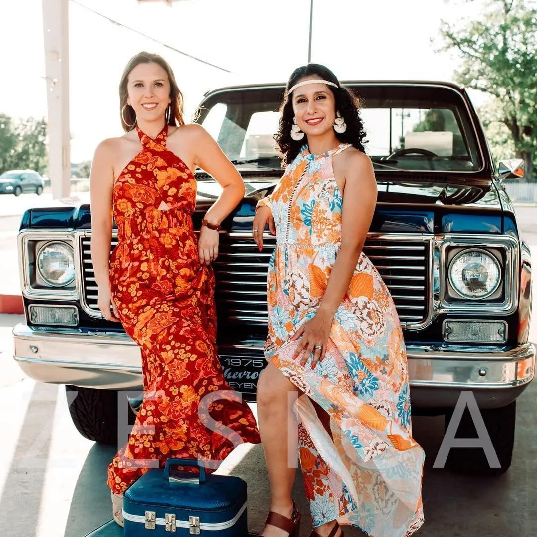 ZESICA Women's Summer Halter Neck Floral Print Backless Split Beach Party Maxi Dress