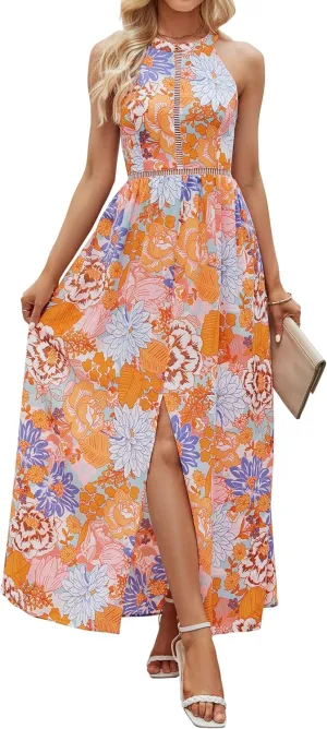 ZESICA Women's Summer Halter Neck Floral Print Backless Split Beach Party Maxi Dress